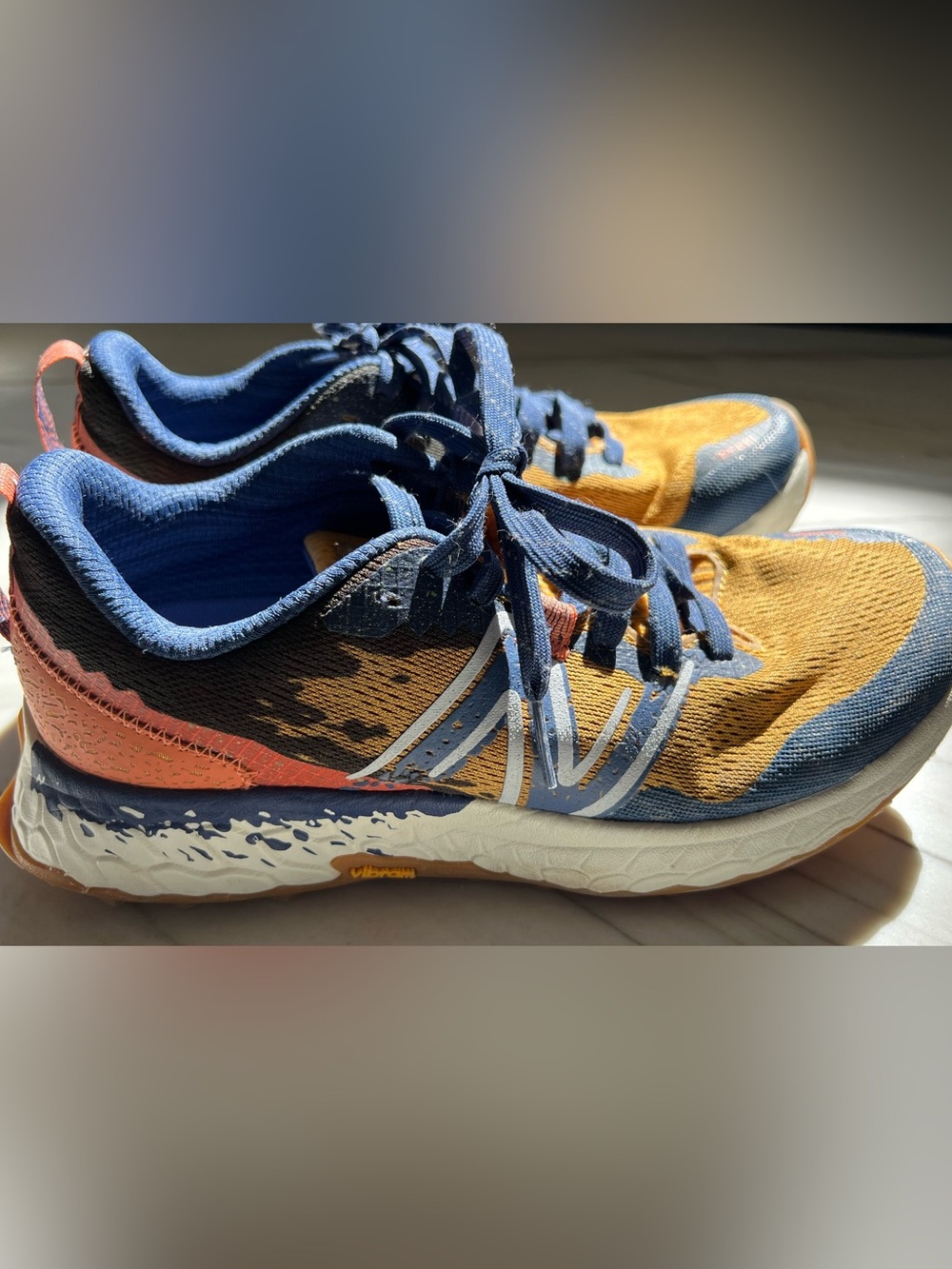 New Balance Kids Blue and Mustard Trail Sneakers with Coral Accent